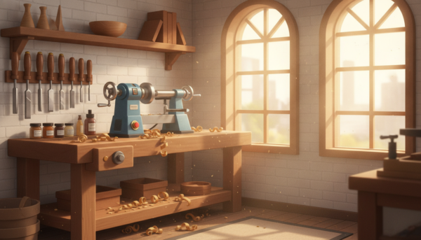 Un atelier de menuiserie lumineux et organisé avec un tour à bois compact posé sur un établi, des copeaux de bois frais, des outils de tournage rangés au mur, lumière naturelle douce, style photographique réaliste et inspirant.