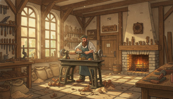 Un atelier de tournage sur bois authentique en France, lumière naturelle, un tour à bois professionnel avec des copeaux au sol, ambiance chaleureuse et artisanale, 8k.