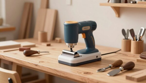 Un atelier de tournage sur bois chaleureux avec un système d'affûtage moderne installé sur un établi, des outils de tournage bien rangés, lumière douce, style photoréaliste.