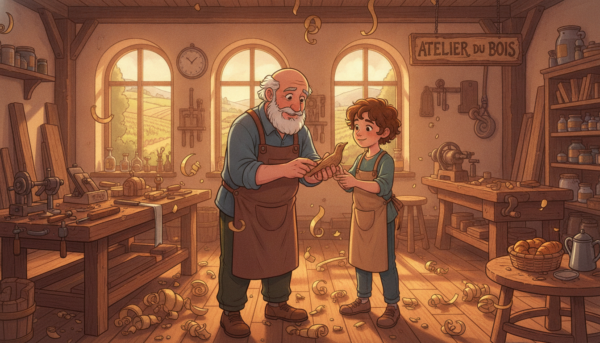 Un atelier de tournage sur bois lumineux et convivial en France, un artisan expérimenté transmettant son savoir-faire à un élève débutant avec bienveillance, copeaux de bois tourbillonnants, ambiance chaleureuse et authentique, haute résolution photographique.