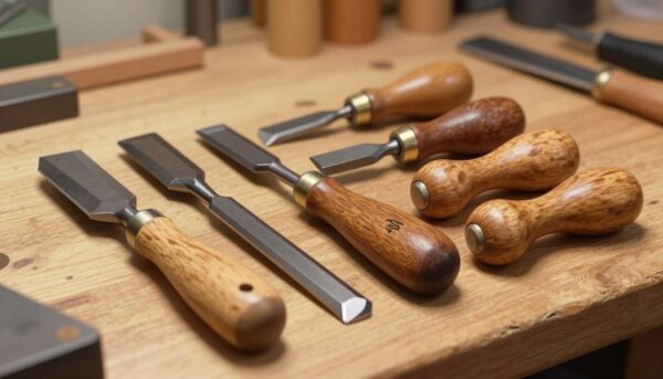 Un ensemble de gouges et de ciseaux de tournage sur bois professionnels avec des manches en bois ergonomiques, disposés sur un établi d'artisan, éclairage chaleureux de studio, mise au point sur les tranchants en acier étincelant.