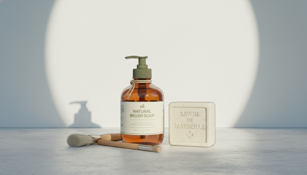 Un flacon de savon naturel pour pinceaux de modélisme à côté d'un pain de savon de Marseille traditionnel, style photographie de produit minimaliste.