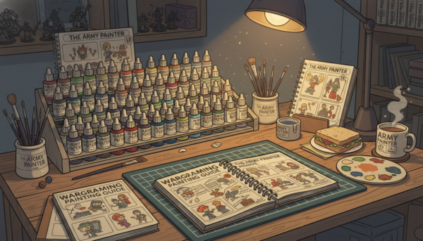 Un kit de peinture Army Painter complet avec plusieurs flacons compte-gouttes, des pinceaux et des guides de peinture, disposé sur une table de travail en bois, ambiance chaleureuse.