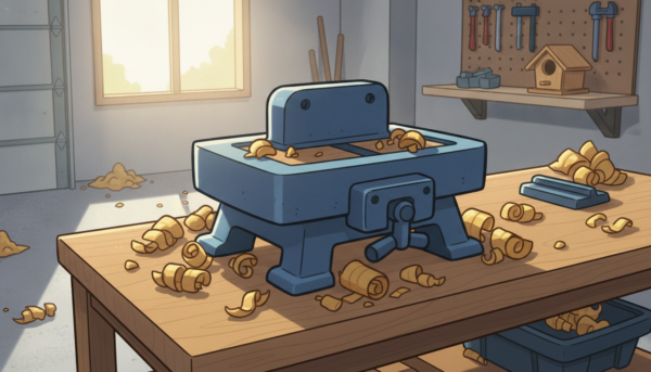Un petit tour à bois d'établi compact en métal bleu, posé sur un plan de travail en chêne clair dans un garage lumineux, copeaux de bois frais éparpillés tout autour.