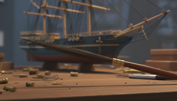 Un pinceau rigger professionnel aux poils extra-longs et fins posé sur un établi de modélisme, avec des détails de cordages de navire miniature en arrière-plan, style cinématographique et macro.