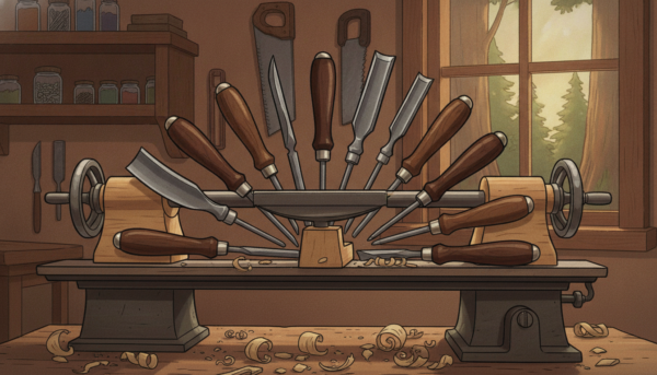 Un set de gouges et ciseaux de tournage en acier haute qualité avec manches en bois sombre, disposés avec soin sur un tour à bois.