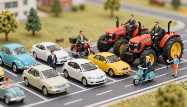 Une collection de véhicules miniatures à l'échelle N, incluant des voitures colorées, des tracteurs agricoles NOCH et des motos anciennes, disposés sur une route de diorama réaliste avec des figurines.