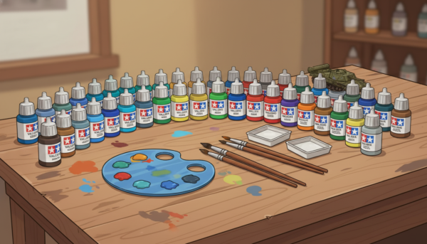 Une collection organisée de pots de peintures acryliques pour maquettes de marques Vallejo et Tamiya sur un plan de travail en bois, couleurs vives et pinceaux fins à côté.