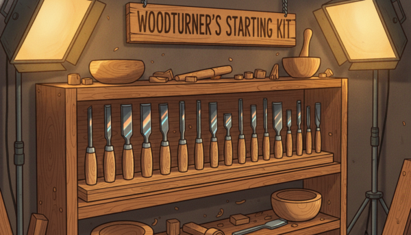Une étagère d'atelier en bois clair présentant un kit outils tournage sur bois débutant complet, avec des manches en frêne et des lames en acier étincelantes, éclairage de studio professionnel, ambiance chaleureuse et artisanale.