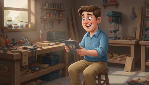 Une personne souriante regardant un tutoriel vidéo de tournage sur bois sur une tablette dans son garage, ambiance DIY, outils à bois en arrière-plan.