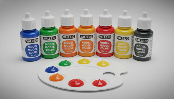Une photo de studio professionnelle montrant une rangée de flacons de peinture Vallejo Model Color avec des bouchons blancs, une texture de peinture acrylique fluide étalée sur une palette, éclairage doux, haute résolution.