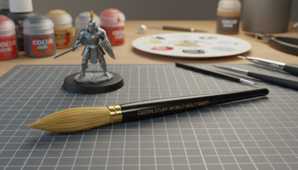Une photo macro d'un pinceau premium Gold Series de Green Stuff World avec un manche triangulaire noir et des poils Kolinsky dorés, posé sur un établi de modélisme professionnel avec une figurine en arrière-plan.