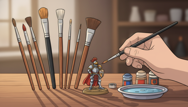Une sélection variée de pinceaux de modélisme professionnels posés sur un établi en bois, avec une figurine de chevalier en cours de peinture, éclairage doux de studio, macro photographie, détails des poils synthétiques et naturels.