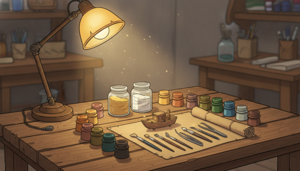 Une table d'artisan en bois montrant une collection organisée de pots de peinture, de sable fin, de colle et d'outils de modelage, lumière chaude et accueillante.