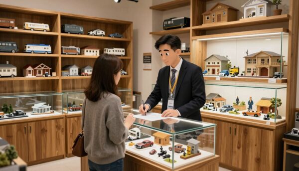 Une vue cinématographique de l'intérieur d'un magasin de modélisme français traditionnel, avec des étagères en bois remplies de boîtes de maquettes, des vitrines éclairées montrant des dioramas terminés, et un artisan conseillant un client, ambiance chaleureuse et créative, 4k.