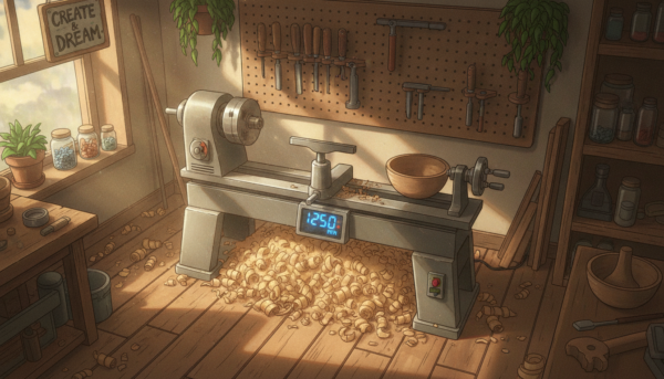 Une vue d'ensemble d'un tour à bois avec variateur électronique, installé dans un atelier d'artisanat chaleureux, copeaux de bois blonds au sol, lumière naturelle tamisée, style réaliste et inspirant.
