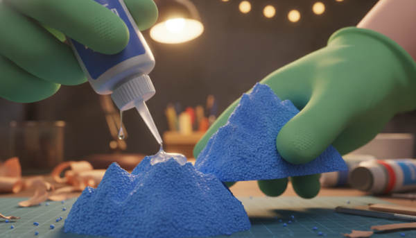 Une vue rapprochée de mains appliquant soigneusement de la colle spéciale sans solvant sur deux blocs de polystyrène extrudé bleu pour construire une montagne miniature, éclairage d'atelier chaleureux, détails macro.