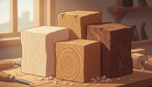 Vue rapprochée d'un assortiment de carrelets de bois pour tournage incluant du tilleul, du pin et du noyer, texture de grain visible sur un établi éclairé.