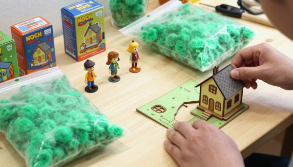 Vue rapprochée d'un établi de modéliste avec des sachets de flocage vert, des boîtes de figurines NOCH et une petite maison en kit laser cut à moitié assemblée, ambiance créative et lumineuse.