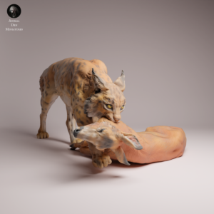 Vue globale de la figurine à peindre d'un lynx boréal dominant un faon couché, illustrant la tension de la scène sauvage.