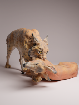 figurine-lynx-boreal-resine-a-peindre Vue globale de la figurine à peindre d'un lynx boréal dominant un faon couché, illustrant la tension de la scène sauvage.