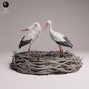Vue de face d'une figurine de cigogne blanche à peindre à l'échelle un seizième, posée sur son grand nid texturé, prête pour la mise en couleur.
