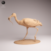 cigogne-peinte-socle-texture-nature Mise en situation finalisée d'une scène de chasse animale miniature : la cigogne est peinte avec des plumes blanches et grises, des pattes roses réalistes, sur un socle imitant la terre naturelle.