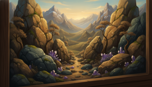A beautiful oil painting of a diorama featuring intricately detailed rocks and mineral elements. In the foreground, showcase a variety of textured boulders, with rough surfaces and vibrant hues of ochre, gray, and deep green. The middle ground should have finer details of smaller stones scattered around, reflecting sunlight, with subtle veins of crystalline minerals. In the background, a soft-focus representation of rolling hills and distant mountains adds depth, bathed in warm, golden hour light. Use a shallow depth of field to create an intimate, inviting atmosphere, and an angle that invites the viewer to explore the rocky landscape. The overall mood should convey a sense of tranquility and natural beauty, perfect for a diorama setting.