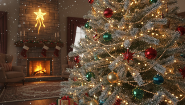 A beautifully decorated Christmas tree, adorned with shimmering ornaments and warm white lights, fills the foreground. Delicate layers of magical artificial snow blanket the branches, sparkling as if kissed by winter’s glow. In the middle background, soft, swirling snowflakes drift gently through the air, adding to the enchanting atmosphere. The setting is a cozy living room with a softly glowing fireplace, enhancing the warm, inviting atmosphere. Captured from a low angle, the perspective highlights the grandeur of the tree while inviting the viewer into the festive scene. The lighting is soft and warm, creating a dreamy, nostalgic feel that encapsulates the joy of the holiday season. The overall mood is magical and festive, perfect for celebrating the beauty of a winter wonderland indoors. A beautifully decorated Christmas tree, adorned with shimmering ornaments and warm white lights, fills the foreground. Delicate layers of magical artificial snow blanket the branches, sparkling as if kissed by winter’s glow. In the middle background, soft, swirling snowflakes drift gently through the air, adding to the enchanting atmosphere. The setting is a cozy living room with a softly glowing fireplace, enhancing the warm, inviting atmosphere. Captured from a low angle, the perspective highlights the grandeur of the tree while inviting the viewer into the festive scene. The lighting is soft and warm, creating a dreamy, nostalgic feel that encapsulates the joy of the holiday season. The overall mood is magical and festive, perfect for celebrating the beauty of a winter wonderland indoors.