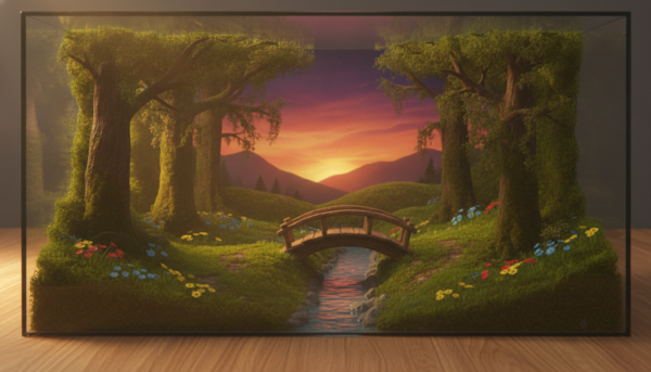A beautifully detailed diorama showcasing a serene forest scene at dusk. In the foreground, vibrant green moss and small colorful flowers create a lush carpet. A quaint wooden bridge arches over a gentle stream, reflecting soft golden light. In the middle ground, tall trees with moss-covered trunks stand majestically, their leaves rustling in a soft breeze, with dappled light filtering through the branches. The background features rolling hills under a twilight sky painted in shades of purple and orange, enhancing depth. The scene is illuminated with warm, directional lighting that highlights textures and creates shadows, suggesting the three-dimensionality of the elements. The atmosphere is tranquil, inviting viewers to explore the layers of the diorama.