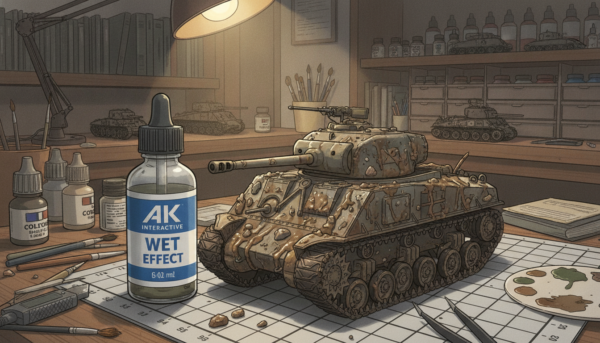 A bottle of AK Interactive Wet Effect fluid next to a muddy tank model, hyper-realistic details, macro photography, workshop background.