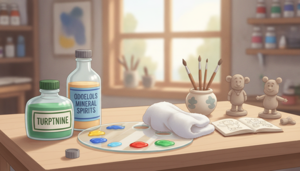 A bottle of turpentine and odorless mineral spirits next to a glass palette and a soft cleaning cloth on a clean modeling workspace.