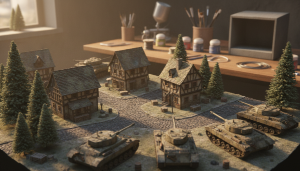 A close-up of a diorama scene showcasing "lavis sur maquettes," featuring miniature models expertly painted with a variety of washes and filters. In the foreground, focus on detailed textures of the models, highlighting techniques like shading and color blending. The middle ground should display a well-crafted landscape, with elements like buildings, trees, and accessories, all enhanced by subtle light reflections. The background features a soft-focus representation of a workshop, with art supplies neatly arranged. The lighting is warm and inviting, simulating a natural daylight effect, creating a professional yet creative atmosphere. Capture this scene from a slightly elevated angle to emphasize depth and detail, ensuring an engaging composition for DIY enthusiasts.