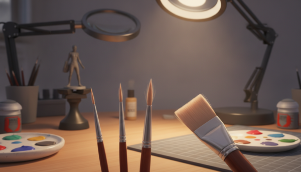 A close-up of high-quality fine tip brushes and a flat number 4 brush for miniatures, with soft bristles visible, professional craft lighting.