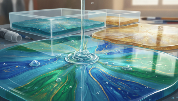 A close-up view of a vibrant resin surface, showcasing its glossy texture and intricate patterns in vivid colors like blue, green, and gold. The foreground features a freshly poured resin mold with bubbles and swirls, highlighting the fluid nature of the material. In the middle ground, a pair of clear silicone molds are partially filled, demonstrating the contrast between the resin and the mold. The background is blurred to emphasize the main subject, with soft, diffused natural lighting casting gentle reflections on the resin's surface. The overall atmosphere is one of creativity and craftsmanship, inviting viewers to appreciate the beauty and versatility of resin art.
