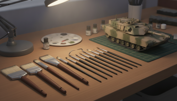 A collection of various modeling brushes, from wide flat brushes to ultra-fine detail brushes, arranged neatly next to a scale model tank, soft studio lighting, focus on brush tips.