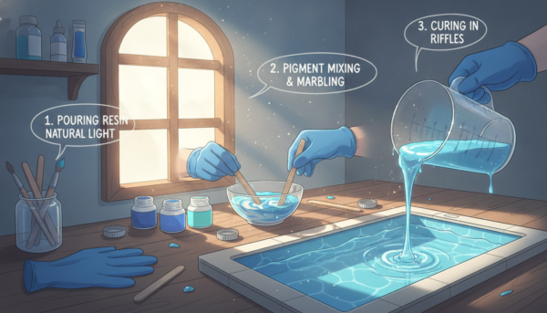 A detailed and vibrant scene showcasing the step-by-step creation of a realistic water effect using epoxy resin. In the foreground, a clear epoxy resin mixture pours into a mold shaped like a small pool, capturing the ripples and reflections of light. The middle ground features vibrant pigments and tools like wooden stir sticks and gloves, illustrating the artist's careful workflow. In the background, soft, natural light filters through a window, casting gentle shadows on a workbench filled with crafting supplies. The atmosphere is calm and creative, conveying the artistry of mixing colors and achieving the perfect fluid texture. The focus is on the intricate details of the resin and its interaction with light, highlighting the beauty of this crafting technique.