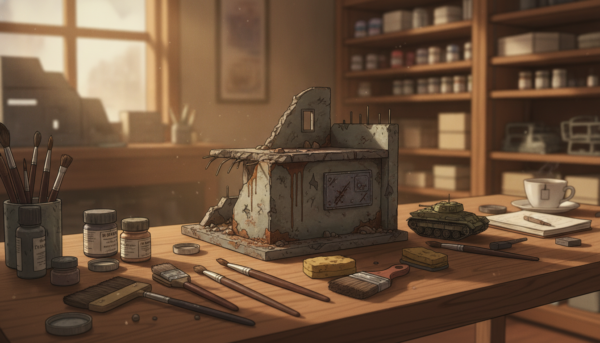 A detailed artist's workspace featuring various weathering techniques for diorama modeling. In the foreground, a variety of brushes, including a dry brush and tools used for creating scratches, are spread out on a wooden table. Mid-ground highlights a partially finished diorama with realistic textures showing signs of wear and tear, including chipping paint and scuffed surfaces. The background is softly blurred, showcasing shelves filled with paints and model kits, lit with warm, natural lighting creating a cozy atmosphere. The lens captures a shallow depth of field, focusing on the weathering effects, while shadows add depth and dimension, suggesting a dedicated artist at work.