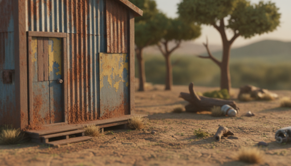 A detailed close-up of a diorama scene showcasing stunning weathering pigment effects on various surfaces. In the foreground, a model building exhibits intricate textures with rust, peeling paint, and dirt accumulation, highlighting the aging process. The middle layer features realistic weathered terrain with cracked soil, scattered debris, and mossy patches. In the background, soft-focus trees and distant hills give depth to the scene. The lighting is warm and diffused, emulating late afternoon sunlight that casts gentle shadows, enhancing the three-dimensionality of textures. The atmosphere conveys a sense of realism and artistry, evoking the beauty of nature reclaiming man-made structures through time and weathering.