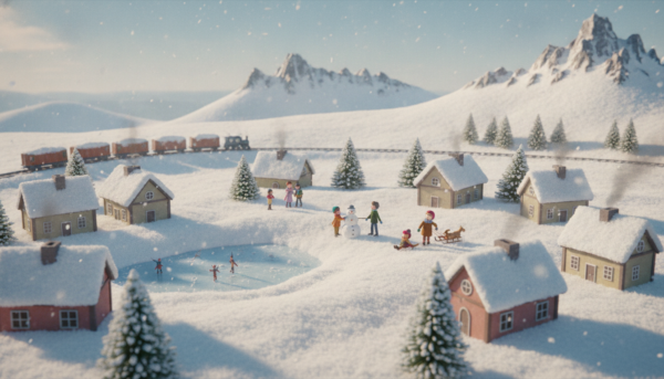 A detailed diorama featuring a realistic winter landscape, showcasing a model village blanketed in soft, white snow. In the foreground, delicate snowflakes sprinkle the rooftops and cover the miniature trees, creating a serene atmosphere. The middle ground reveals tiny figures, dressed in warm winter clothing, engaged in activities like building a snowman and walking with sleds. In the background, snow-capped mountains rise against a soft blue sky, capturing the tranquility of a cold day. The scene is illuminated by gentle, diffused sunlight, casting soft shadows and enhancing the feeling of peace and solitude. The composition is taken from a slightly elevated angle to allow an expansive view of the snowy landscape while maintaining clarity in the details.