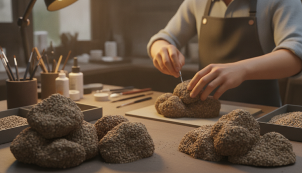 A detailed diorama scene showcasing the process of creating miniature rocks using cat litter. In the foreground, clusters of textured, weathered rocks made from cat litter are intricately arranged, with visible grains and natural imperfections. In the middle ground, a craftsman, dressed in professional attire, is carefully molding and placing the litter to shape realistic rock formations. The background features a workspace filled with various crafting tools, soft lighting casting gentle shadows, emphasizing the tactile nature of the materials. A warm, inviting atmosphere dominates the scene, highlighting creativity and craftsmanship, captured through a shallow depth of field to focus on the intricate details of the rocks and the crafting process.