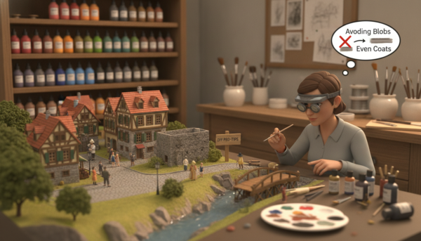 A detailed diorama setup showcasing a model landscape, featuring miniature buildings and figures. In the foreground, a hobbyist carefully applies a wash to the models, demonstrating techniques to avoid common mistakes in DIY projects. Soft lighting enhances the textures and colors of the diorama while casting gentle shadows, creating an inviting atmosphere. In the middle ground, various tools and materials lie scattered, hinting at the creative process. The background displays a well-organized workspace with shelves filled with paints and brushes, emphasizing a sense of order and readiness for experimentation. Capture the mood of focused creativity, showcasing the meticulous art of model painting and detailing, with a shallow depth of field to draw attention to the action in the foreground.