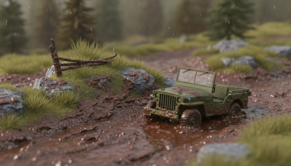 A detailed diorama showcasing a model terrain covered in realistic mud effects created with paint washes. In the foreground, focus on a miniature vehicle partially stuck in the mud, emphasizing the glossy and textured appearance of the mud splatters. The middle ground features diverse landscape elements, such as rocks and grass, smeared with muddy streaks to illustrate the wash technique. The background presents a blurred-out view of a forest, enhancing depth and context. Natural diffused lighting highlights the muddy details while casting soft shadows that deepen the scene's realism. Capture the atmosphere of a rainy day, evoking a sense of authenticity and craftsmanship in model-making, all without any text, logos, or distractions.