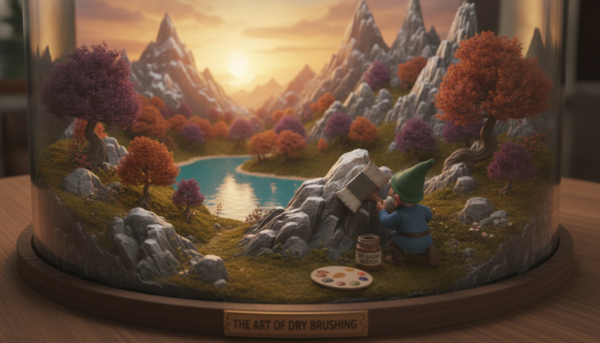 A detailed diorama showcasing the technique of dry brushing, featuring a vibrant landscape with miniature trees and terrain. In the foreground, a figure carefully applies dry brush paint to a rugged rock formation, emphasizing texture and depth. The middle ground displays a serene lake reflecting the colorful foliage, while distant mountains rise under a soft, golden sunset. The lighting is warm and inviting, casting gentle shadows that enhance the scene's realism. The camera angle is slightly elevated, capturing the intricacy of the diorama and the artist's careful application of paint. The atmosphere is tranquil and focused, highlighting the beauty and detail achievable through the dry brush technique.