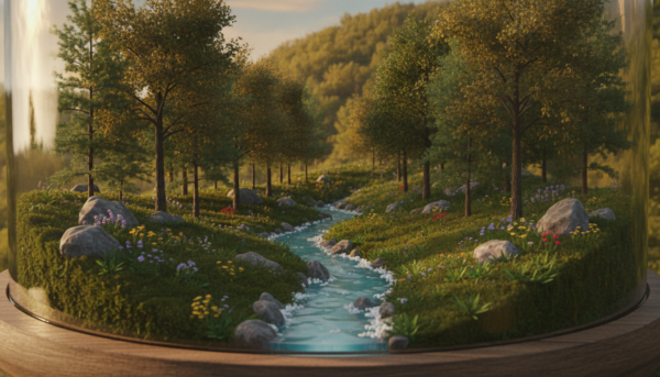 A detailed miniature diorama of a realistic forest scene, featuring lush green trees, vibrant wildflowers, and a small stream flowing through the center. In the foreground, include intricately crafted moss and tiny rocks, adding texture. The middle ground showcases a variety of tree species, including tall pines and leafy oaks, with sunlight filtering through the branches, casting dappled shadows on the forest floor. In the background, a gentle slope leads to a distant hill covered with dense foliage, creating depth. The lighting is warm and inviting, reminiscent of a late afternoon sun, enhancing the tranquil and magical atmosphere of the scene. The perspective is from a low angle, making the viewer feel immersed in this enchanting miniature world. No text or watermarks.