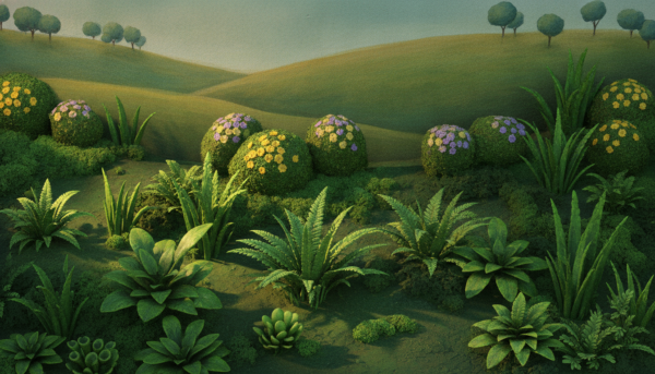 A detailed plaster diorama depicting lush, realistic vegetation. In the foreground, a variety of small plants with vibrant green leaves, including ferns and grasses, create a rich texture. The middle ground features a small grouping of flowering bushes, adding pops of color such as yellows and purples. The background illustrates a soft gradient of rolling hills with distant trees, giving a sense of depth. The lighting is warm and natural, suggesting late afternoon sun, casting gentle shadows that enhance the textures. The camera angle is slightly elevated, offering a clear view of the vegetation layers while maintaining a serene, inviting atmosphere. The overall mood is tranquil and immersive, showcasing the beauty of nature in a meticulously crafted diorama.