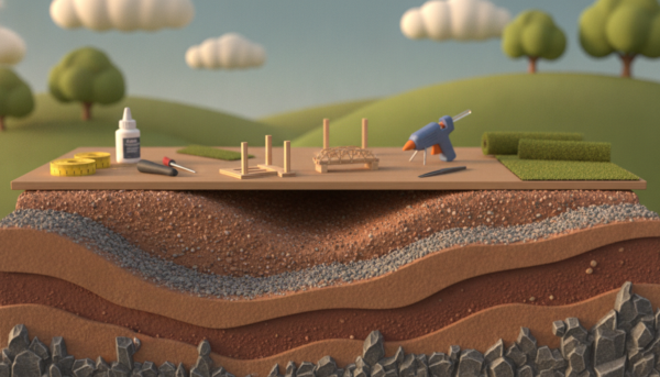 A detailed relief diorama displaying a structured base for a model landscape. In the foreground, intricate textures of the diorama base, featuring layered soil, gravel, and miniature rocks, are shown with fine detail. The middle ground incorporates various stages of construction, including wooden supports and tools like a glue gun and measuring tape, showcasing the DIY aspect in a well-organized workspace. The background presents a natural setting, perhaps with gentle greenery and a faintly blurred sky to evoke tranquility. Soft, diffused lighting illuminates the scene, creating a warm and inviting atmosphere, with a slight focus on the diorama's craftsmanship. The angle is slightly elevated, providing a comprehensive view of the entire setup without any text or distractions.