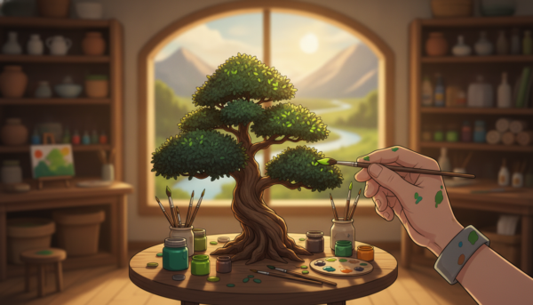 A detailed scene depicting a miniature tree painting setup. In the foreground, a small wooden table holds various paintbrushes, pots of vibrant paints, and a carefully crafted miniature tree with textured bark and lush green foliage. The middle ground features an artist’s hand skillfully applying paint to the leaves, showcasing a variety of shades from deep emerald to bright lime. The background reveals a softly lit workshop bathed in warm light, with shelves filled with art supplies and inspiring natural scenery through a window. The atmosphere should feel cozy and creative, emphasizing intricate artistry with a shallow depth of field to focus on the tree and painting process. Ensure the image is crisp and clear, embodying a sense of serenity and concentration.