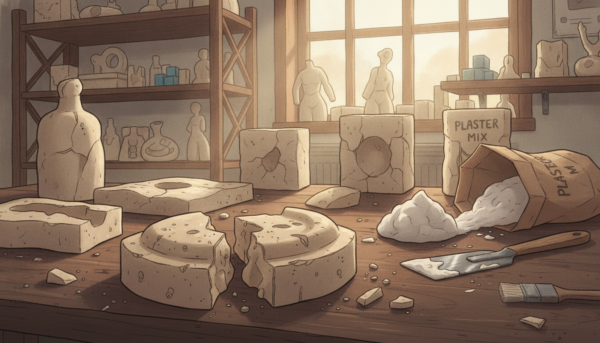 A detailed scene depicting common errors in plaster molding, featuring various molds displaying issues such as air bubbles, uneven surfaces, and cracks. In the foreground, a close-up view of a broken mold with visible imperfections and plaster fragments scattered around. The middle layer shows a workbench cluttered with tools like spatulas, brushes, and unused plaster bags, emphasizing a hands-on crafting environment. In the background, shelves lined with failed plaster casts and color samples hint at experimentation. The soft, natural lighting highlights the textures of the plaster, creating a somewhat chaotic yet educational atmosphere. The angle is slightly tilted to draw the viewer's eye to the intricate details of the mistakes, evoking a sense of learning from errors in the creative process.