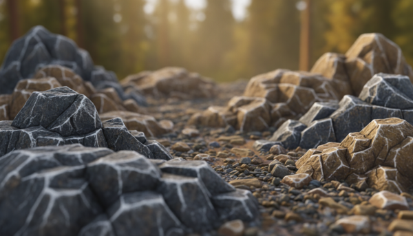 A detailed scene depicting realistic diorama rocks created using the dry brushing technique. In the foreground, focus on intricately textured boulders with varied shades of gray and brown, catching light at different angles to highlight their contours. The middle ground should showcase a mix of smaller rocks and pebbles, all enhanced with subtle dry brush strokes, emphasizing the varied terrain. In the background, a soft, blurred forest setting adds depth, with gentle sunlight filtering through the trees, casting dappled shadows on the rocks. Use a warm color palette to evoke a natural atmosphere, captured with a slight tilt shift lens effect to enhance the depth of field, creating a serene and artistic feeling.